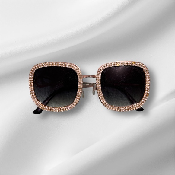 Black/Gold Square Oversized Women's Sunglasses with Diamond Stud Decorated Lens - Picture 4 of 12